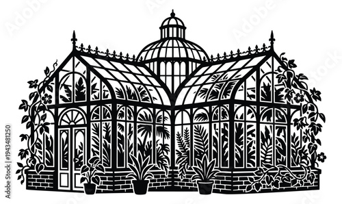 Silhouette illustration of a Victorian greenhouse depicting ornate glass conservatory surrounded by tropical plants for botanical and garden design