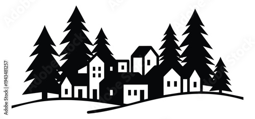 Silhouette illustration of a village scene depicting houses and pine trees for holiday and seasonal design