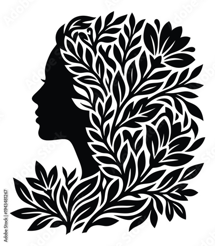 Silhouette illustration of a woman profile depicting a face with leaf hair for nature and beauty design