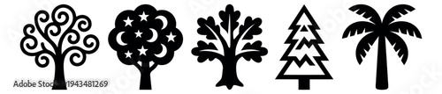 Silhouette icon set of 5 trees featuring decorative swirl, star, oak, pine and palm varieties for nature design