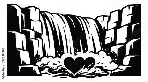 Woodcut illustration of a waterfall with heart depicting flowing water and rocky cliffs for nature and romance design