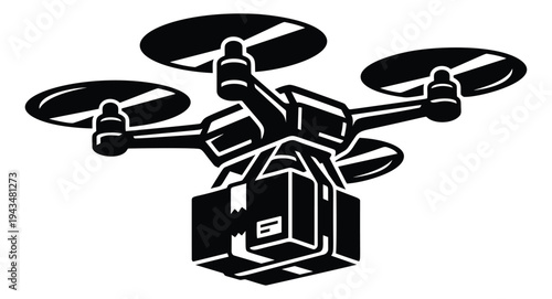Bold silhouette illustration of delivery drone depicting aerial package transport for logistics and technology design