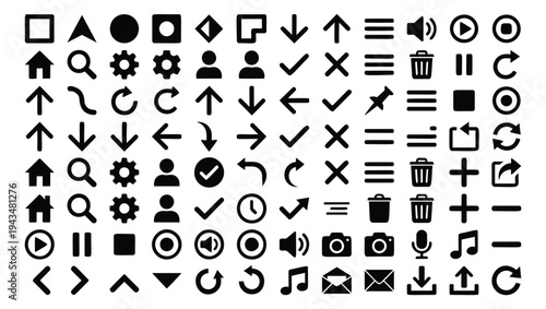 Flat icon set of 100 UI and navigation symbols featuring arrows, settings, user profiles, media controls and menu elements for app and web design