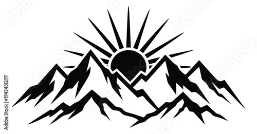 Bold silhouette illustration of mountain range with rising sun depicting outdoor adventure landscape for nature and travel design
