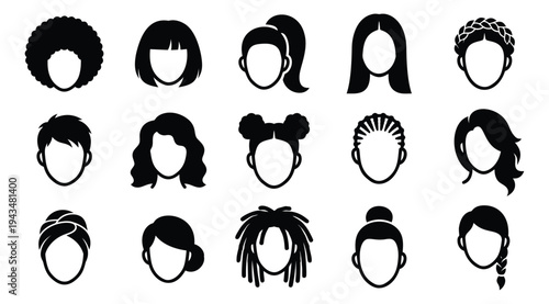 Silhouette icon set of 15 women hairstyles featuring afro, braids, dreadlocks, bun and ponytail styles for beauty and fashion design