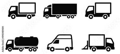 Silhouette icon set of 6 commercial vehicles featuring delivery truck, tanker, van and cargo transport for logistics design