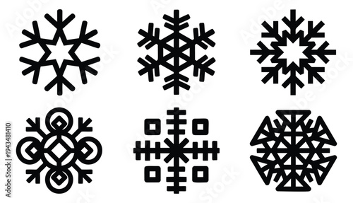 Flat icon set of 6 snowflakes featuring geometric crystal patterns and ornamental designs for winter holiday decoration