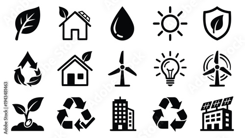 Flat silhouette icon set of 15 featuring leaf, wind turbine, solar panel, recycling and eco building symbols for sustainability design