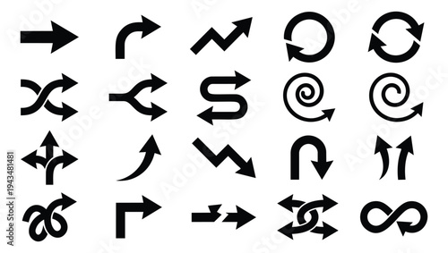 Flat icon set of 20 arrow symbols featuring directional, circular, spiral and infinity motion concepts for navigation design