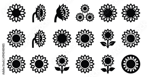 Flat icon set of 18 sunflower designs featuring silhouette and outline styles for nature and floral design
