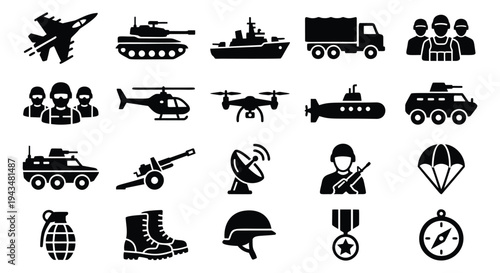 Silhouette icon set of 20 military and army symbols featuring vehicles weapons and soldiers for defense design