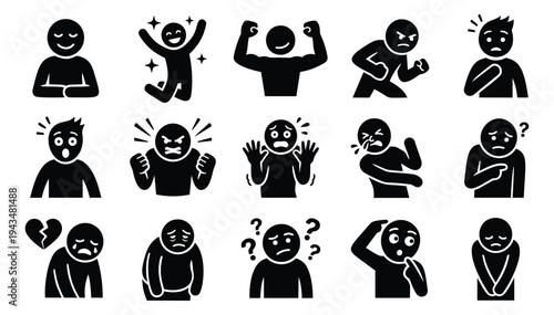 Silhouette icon set of 15 human emotions featuring happy, angry, sad, confused and fearful figures for psychology and mental health design