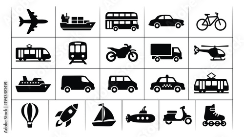 Silhouette icon set of 18 transportation vehicles featuring land air and sea modes for travel and logistics design