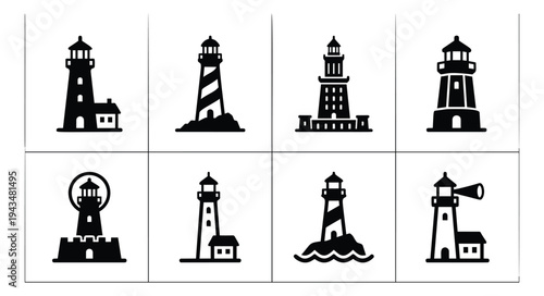 Silhouette icon set of 8 lighthouse designs featuring towers, waves and coastal architecture for nautical design