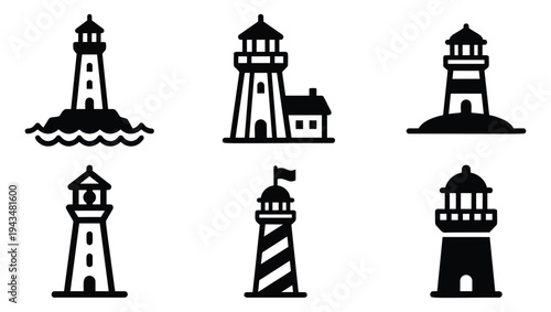 Flat icon set of 6 lighthouse designs featuring coastal towers, waves and nautical symbols for maritime design