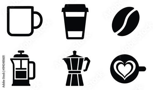 Silhouette icon set of 6 coffee symbols featuring mug, takeaway cup, bean, french press, moka pot and latte art for cafe design