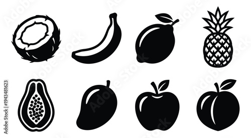 Silhouette icon set of 8 tropical and common fruits featuring coconut, banana, lime, pineapple, papaya, mango, apple and peach for food design