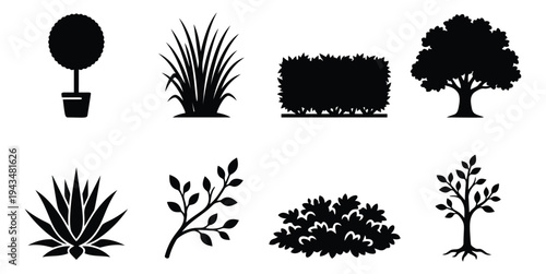 Silhouette icon set of 8 garden and landscape plants featuring trees, shrubs, bushes and potted topiary for botanical design