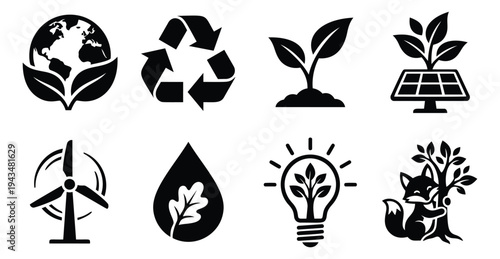 Silhouette icon set of 8 ecology symbols featuring recycling, solar energy, wind power and wildlife for environmental design