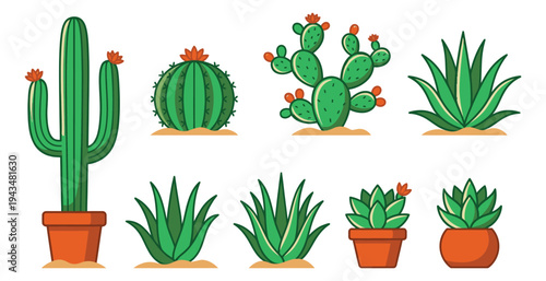Cartoon icon set of 8 desert plants featuring cacti, aloe vera and succulents in pots for botanical design