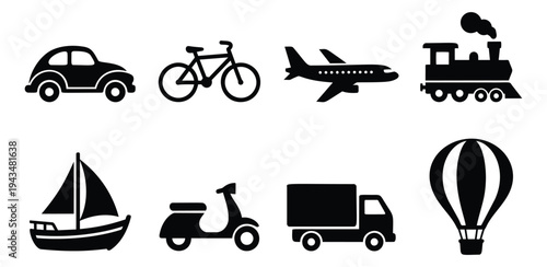 Silhouette icon set of 8 transportation modes featuring car, bicycle, airplane, train, sailboat, scooter, truck and hot air balloon for travel design