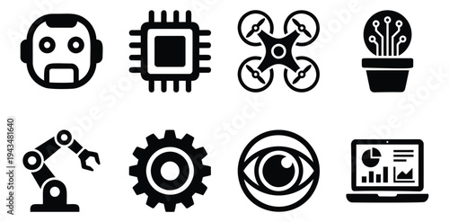 Flat icon set of 8 artificial intelligence and automation symbols featuring robot, drone, microchip, robotic arm, gear, eye, analytics and smart plant for technology design
