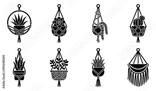 Silhouette icon set of 8 hanging planters featuring macrame holders, succulents and boho style potted plants for home decor design