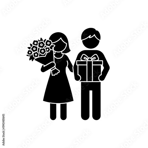 Black silhouette of a couple with flowers and gift on white background.