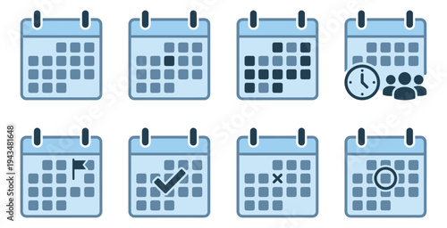 Flat icon set of 8 calendar symbols featuring scheduling, events and time management concepts for business and productivity design