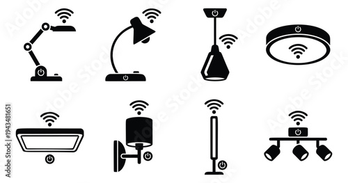 Silhouette icon set of 8 smart lighting fixtures featuring wifi connected lamps, pendants and ceiling lights for smart home design