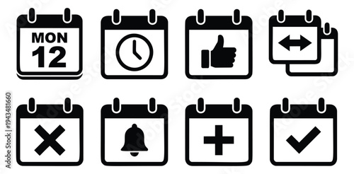 Flat icon set of 8 calendar symbols featuring date, time, notification and event actions for planning and scheduling design