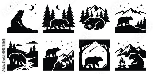 Silhouette icon set of 8 wild bears featuring mountain, forest, river and campfire wilderness scenes for outdoor and nature design
