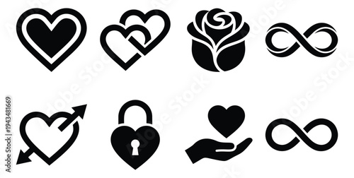 Flat icon set of 8 love and romance symbols featuring hearts, rose, infinity and lock for Valentine's Day design