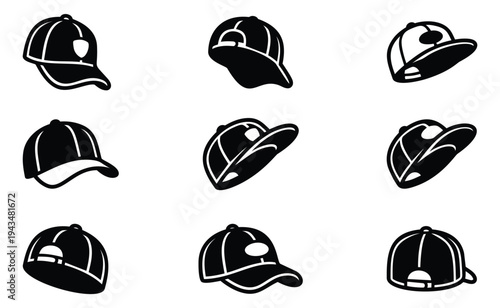 Silhouette icon set of 9 baseball caps featuring front side and back views for sports and fashion design