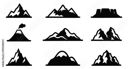 Silhouette icon set of 9 mountain peaks featuring volcano, mesa, rocky summits and snowy alpine terrain for outdoor and travel design