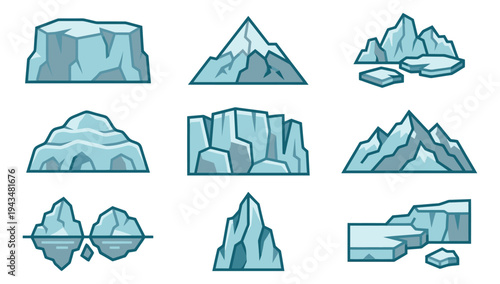 Cartoon icon set of 9 icebergs featuring glaciers, ice formations and arctic landscapes for nature and climate design