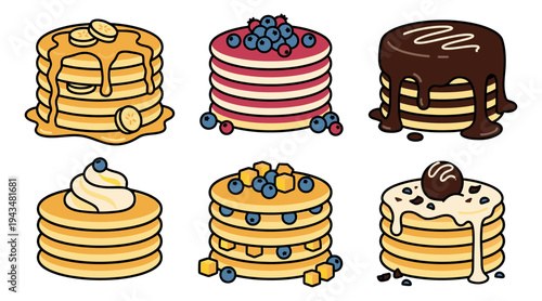 Cartoon icon set of 6 stacked pancakes featuring syrup, blueberries, chocolate and whipped cream toppings for food design