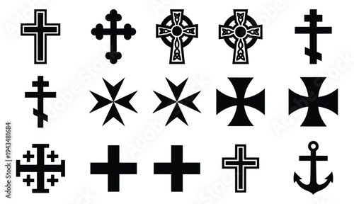 Flat silhouette icon set of 15 Christian cross variations featuring Latin, Celtic, Maltese, Orthodox and anchor symbols for religious design