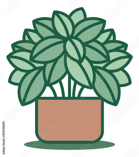Cartoon illustration of a bushy houseplant depicting lush green foliage in a terracotta pot for home and garden design