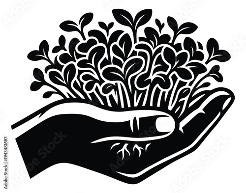 Woodcut illustration of hand holding microgreens depicting sustainable growing and plant care for agriculture and wellness design
