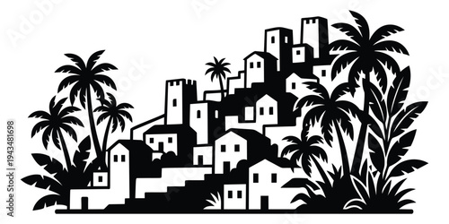 Silhouette illustration of a tropical hillside village depicting palm trees and Mediterranean architecture for travel and cultural design