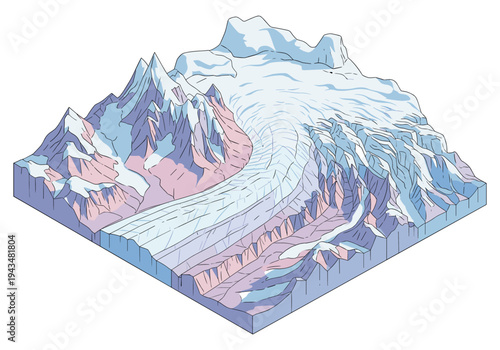 Isometric illustration of a glacier flowing through a mountain valley with visible ice layers and crevasses