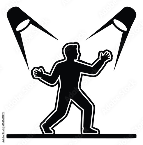 Silhouette illustration of performer on stage depicting person in spotlight under theatrical lights for entertainment and show business design