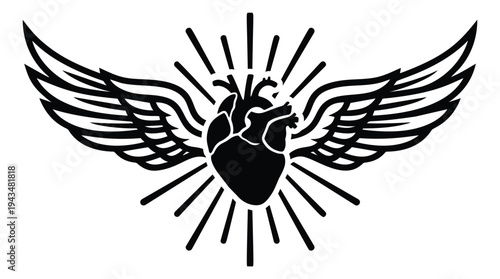 Silhouette and line art illustration of anatomical heart with wings depicting radiant sacred symbol for tattoo and spiritual design