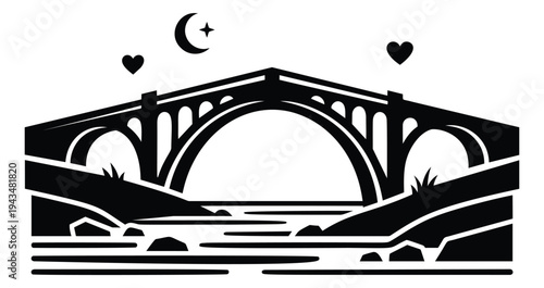 Silhouette illustration of a stone arch bridge depicting a romantic night scene with crescent moon and hearts for travel and love design