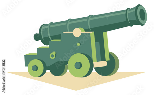 Flat illustration of a vintage cannon depicting a wheeled artillery piece for history and military design
