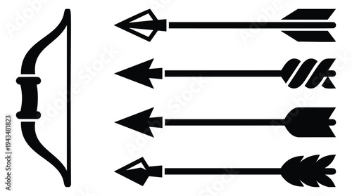 Silhouette icon set of 5 bow and arrow designs featuring broadhead, fletching and medieval weaponry for archery and hunting themes