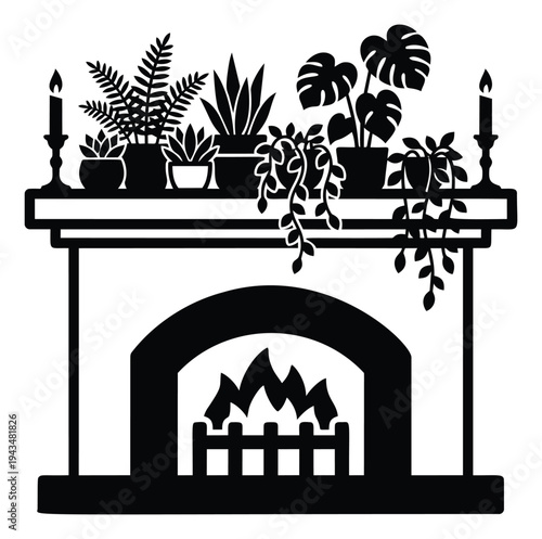 Silhouette illustration of a fireplace mantel depicting potted plants and candles above an open fire for home decor design