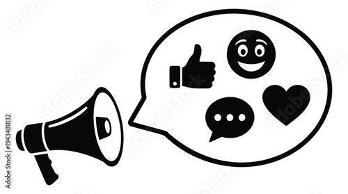 Flat silhouette illustration of megaphone with speech bubble depicting social media engagement symbols for marketing design