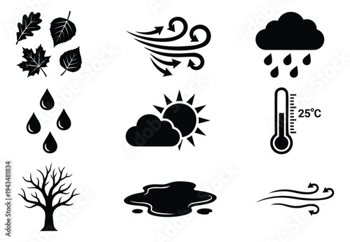 Silhouette icon set of 9 weather symbols featuring wind, rain, sun, temperature and seasonal elements for meteorology design